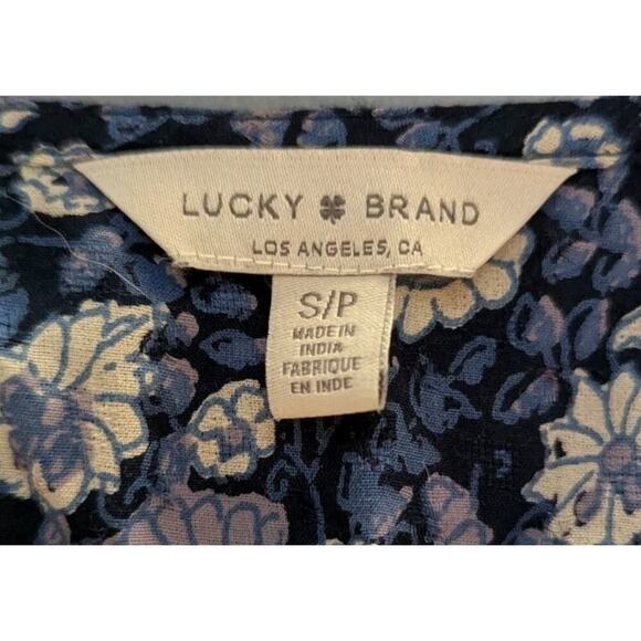 Lucky Brand Top Womens Small Navy Blue Floral Blouse Ruffle Trim Boho - Picture 2 of 3